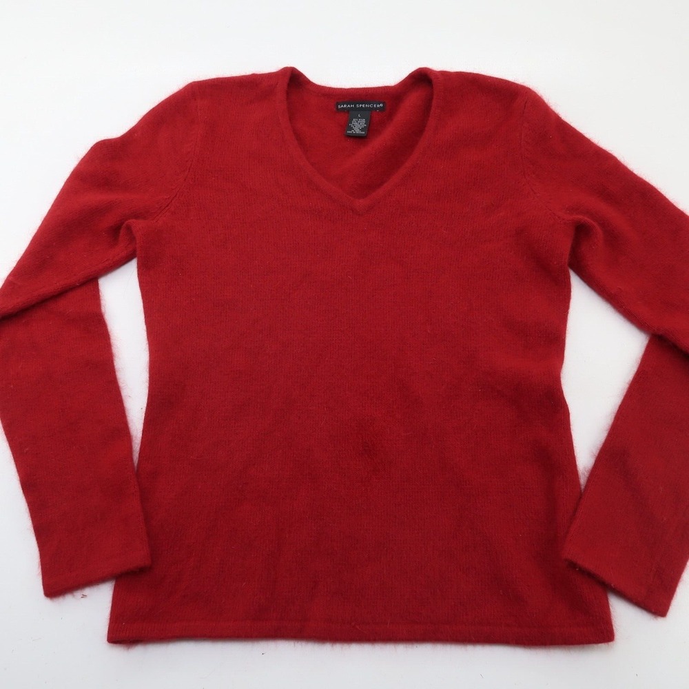 Sarah Spencer Womens Large Red Angora Lambswool V Neck‎ Sweater Pullover L